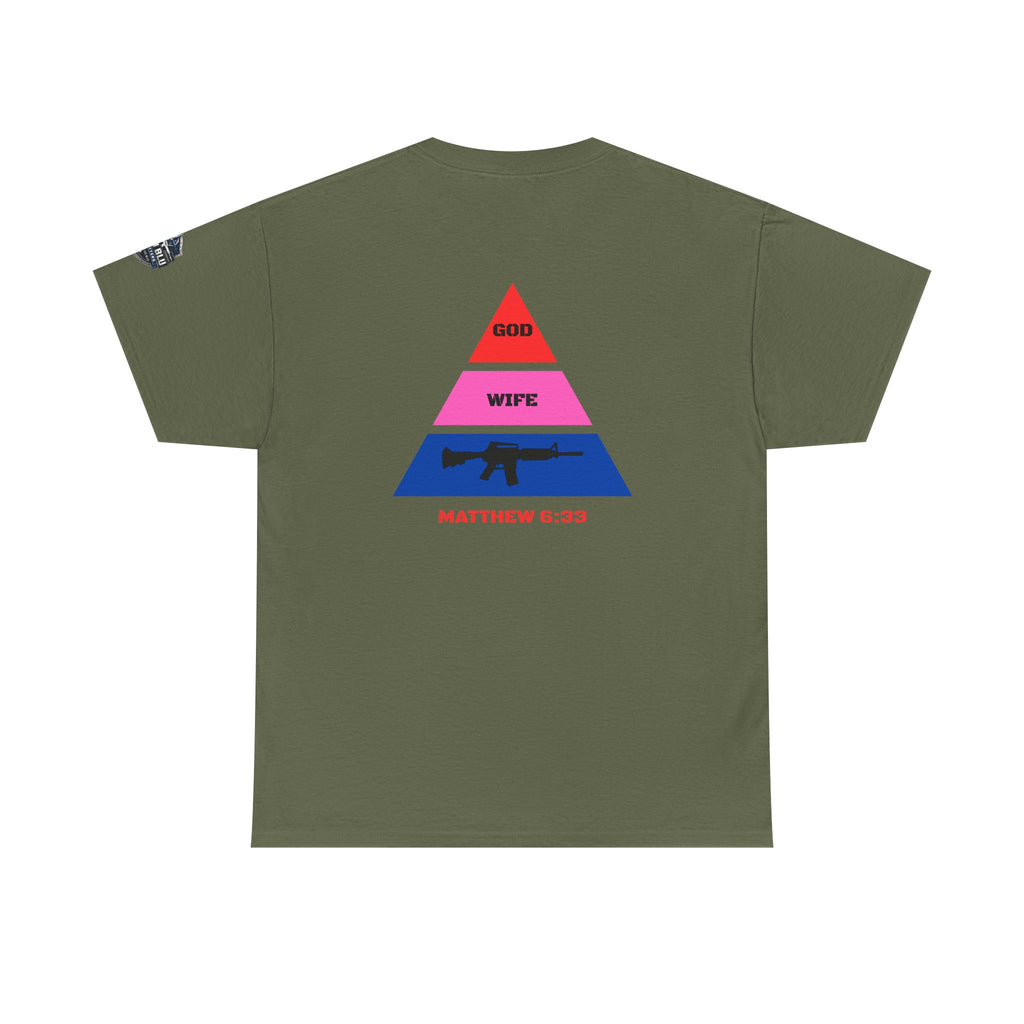 Matthew 6:33 Pyramid Tee — God, Wife, Gun Graphic T-Shirt