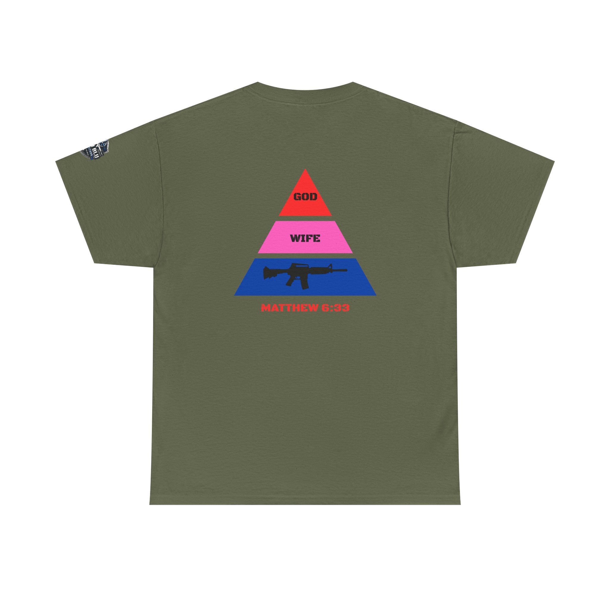Matthew 6:33 Pyramid Tee — God, Wife, Gun Graphic T-Shirt
