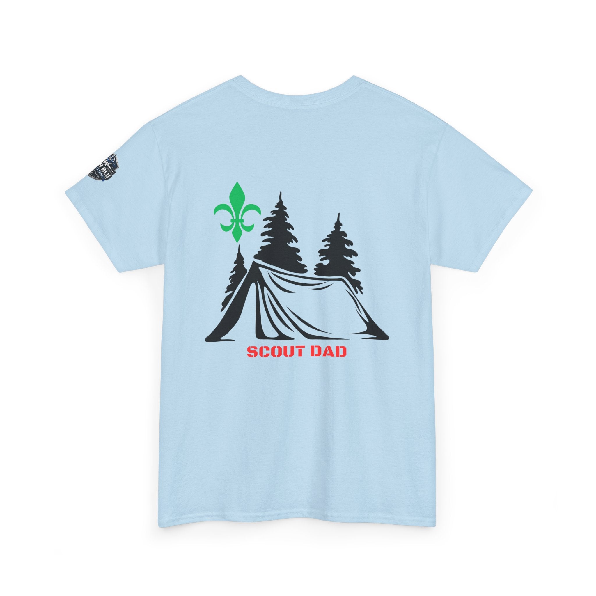 Scout Dad Camping T‑Shirt — Tent, Pine Trees & Fleur‑de‑Lis Outdoor Tee