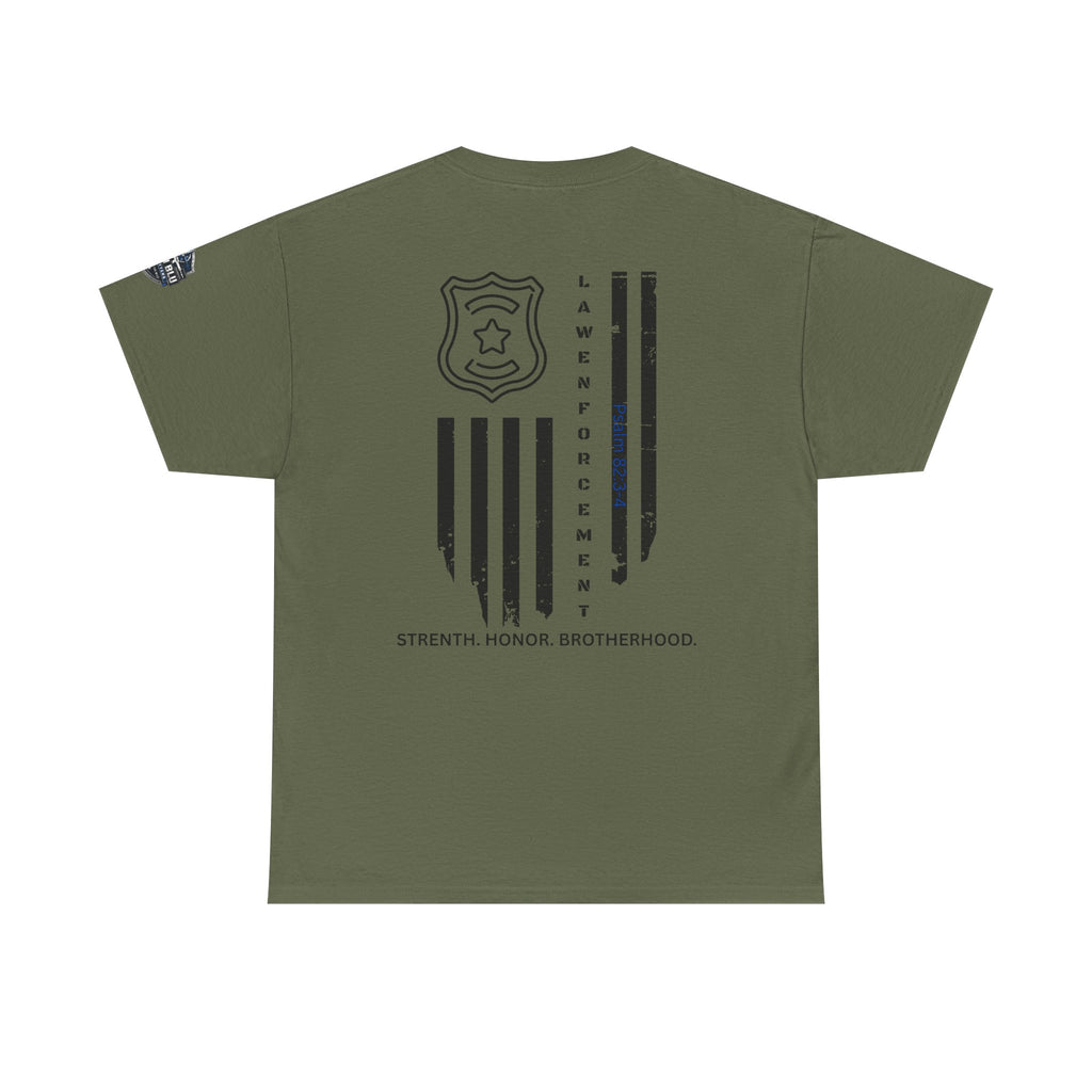 Law Enforcement Tribute T-Shirt — "Strength, Honor, Brotherhood" Badge & Flag Design