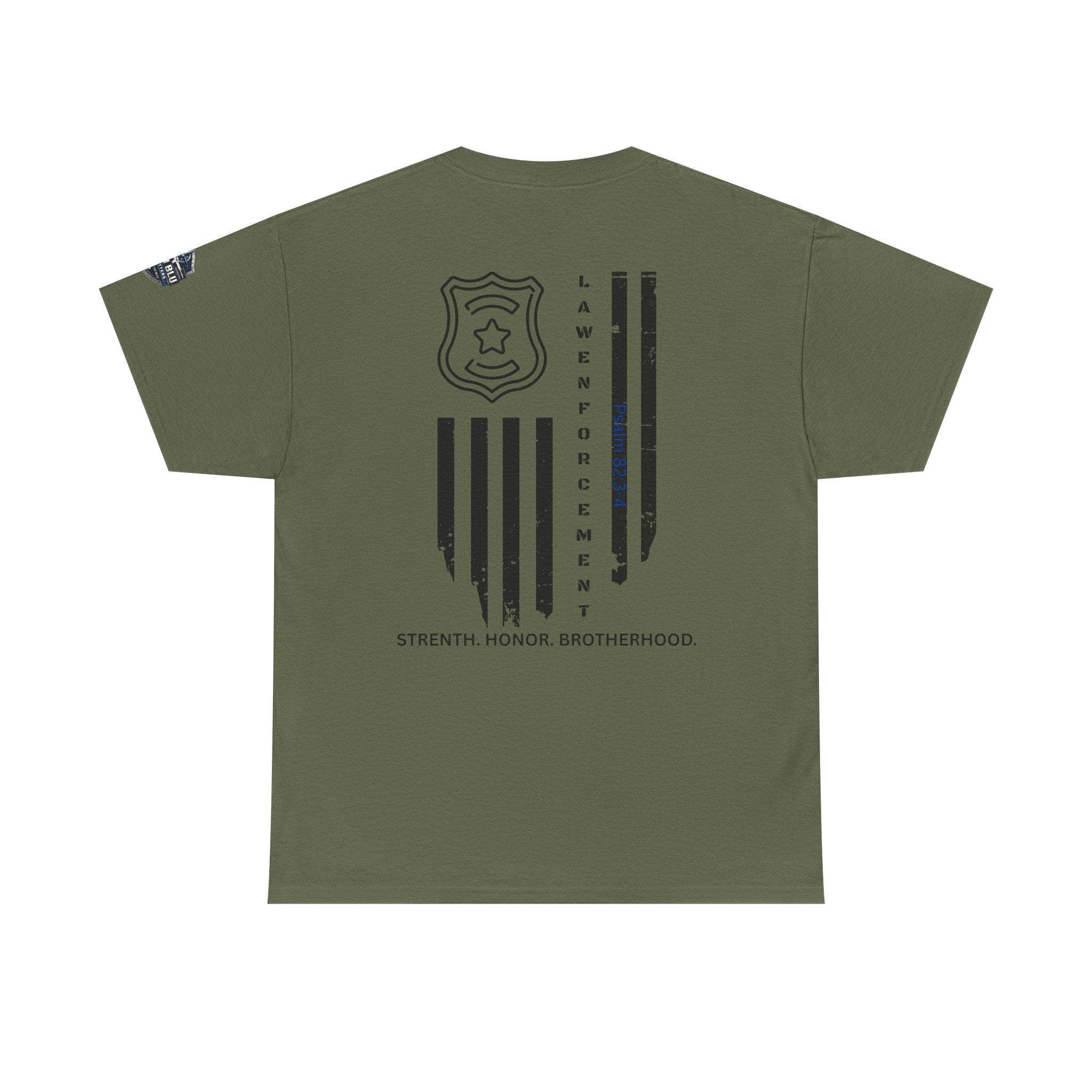 Law Enforcement Tribute T-Shirt — "Strength, Honor, Brotherhood" Badge & Flag Design
