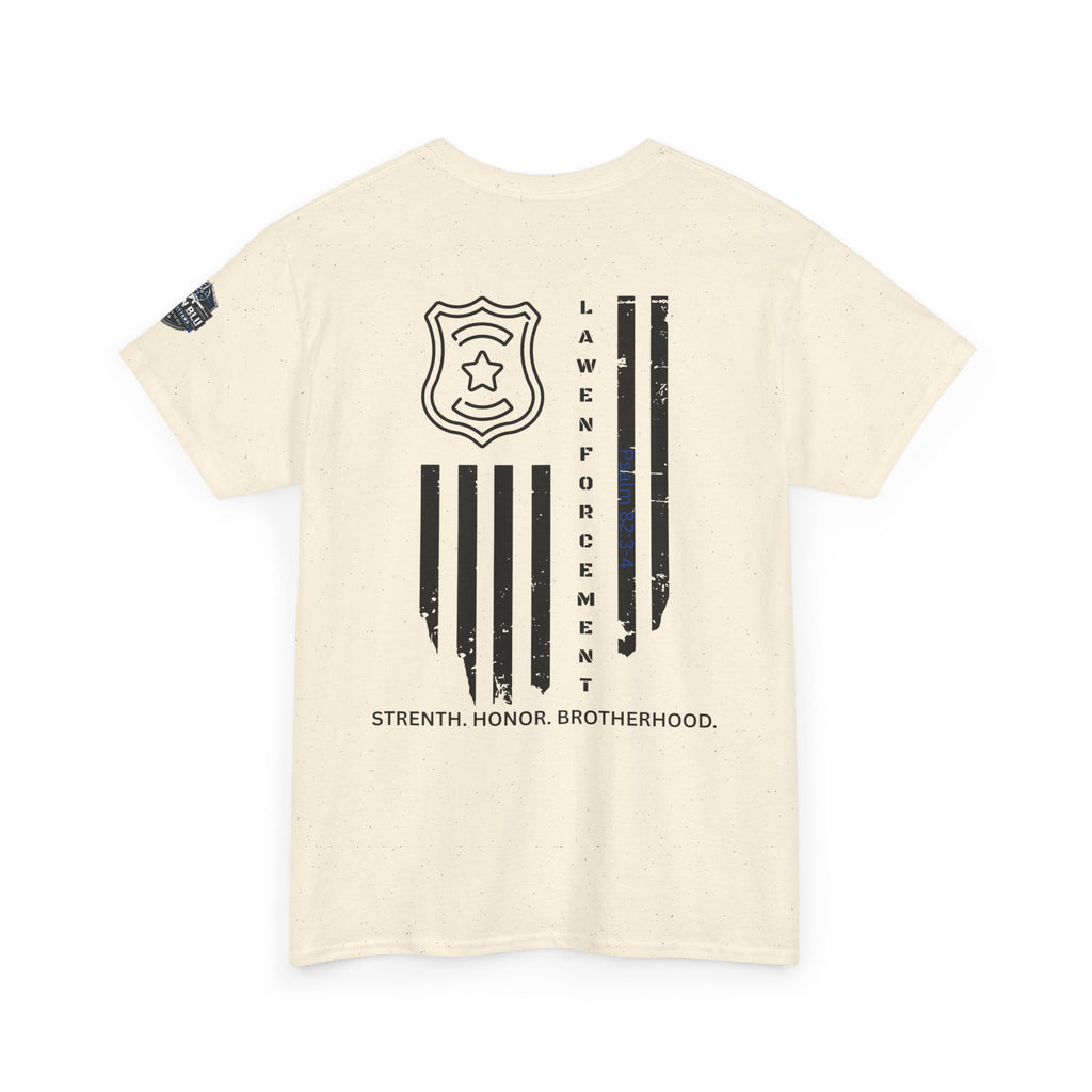 Law Enforcement Tribute T-Shirt — "Strength, Honor, Brotherhood" Badge & Flag Design