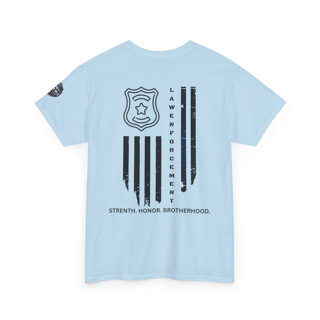 Law Enforcement Tribute T-Shirt — "Strength, Honor, Brotherhood" Badge & Flag Design