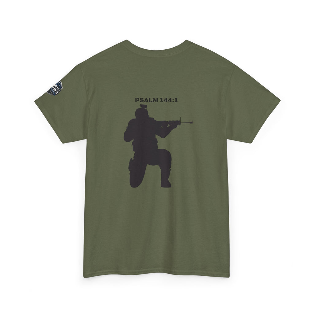Psalm 144:1 Rifle Silhouette Tee — Military Faith Graphic T-Shirt