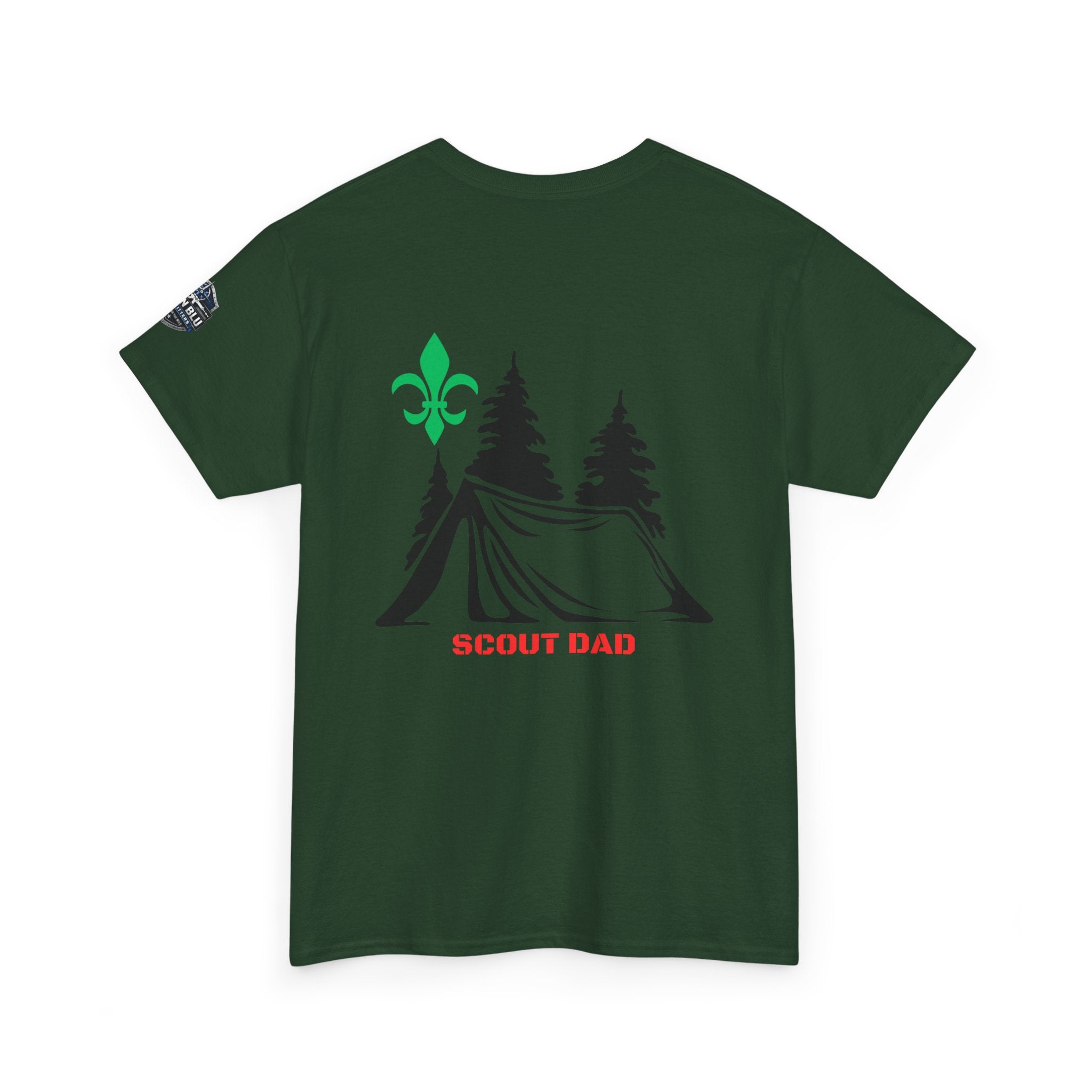 Scout Dad Camping T‑Shirt — Tent, Pine Trees & Fleur‑de‑Lis Outdoor Tee