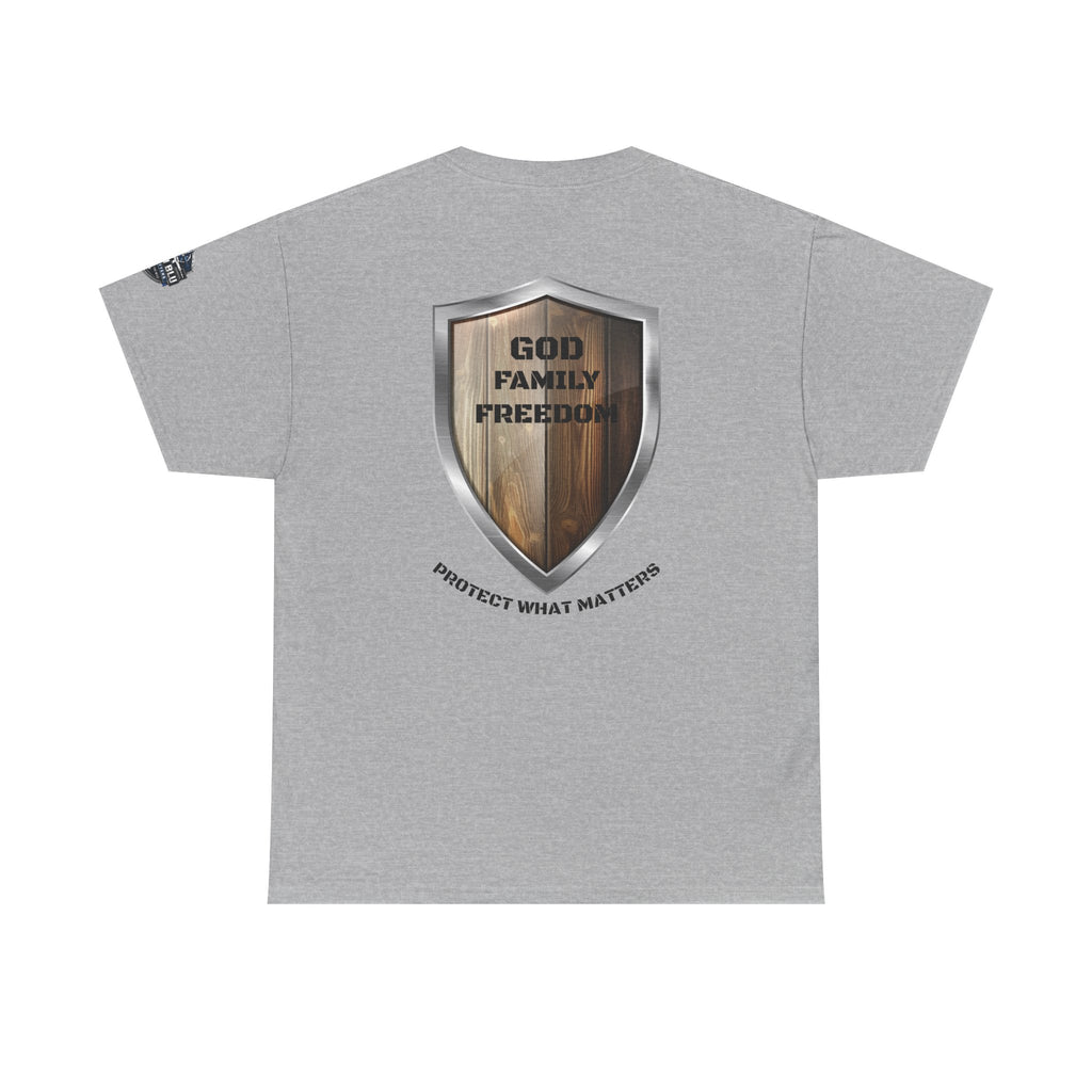 God Family Freedom Shield T‑Shirt — "Protect What Matters" Patriotic Tee