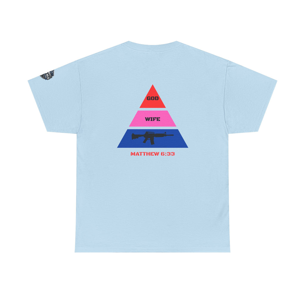 Matthew 6:33 Pyramid Tee — God, Wife, Gun Graphic T-Shirt