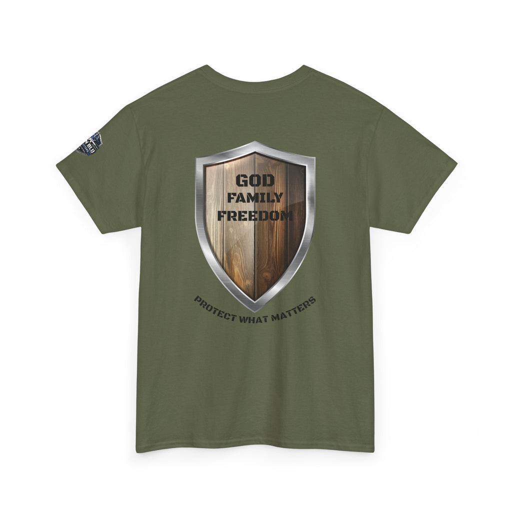 God Family Freedom Shield T‑Shirt — "Protect What Matters" Patriotic Tee