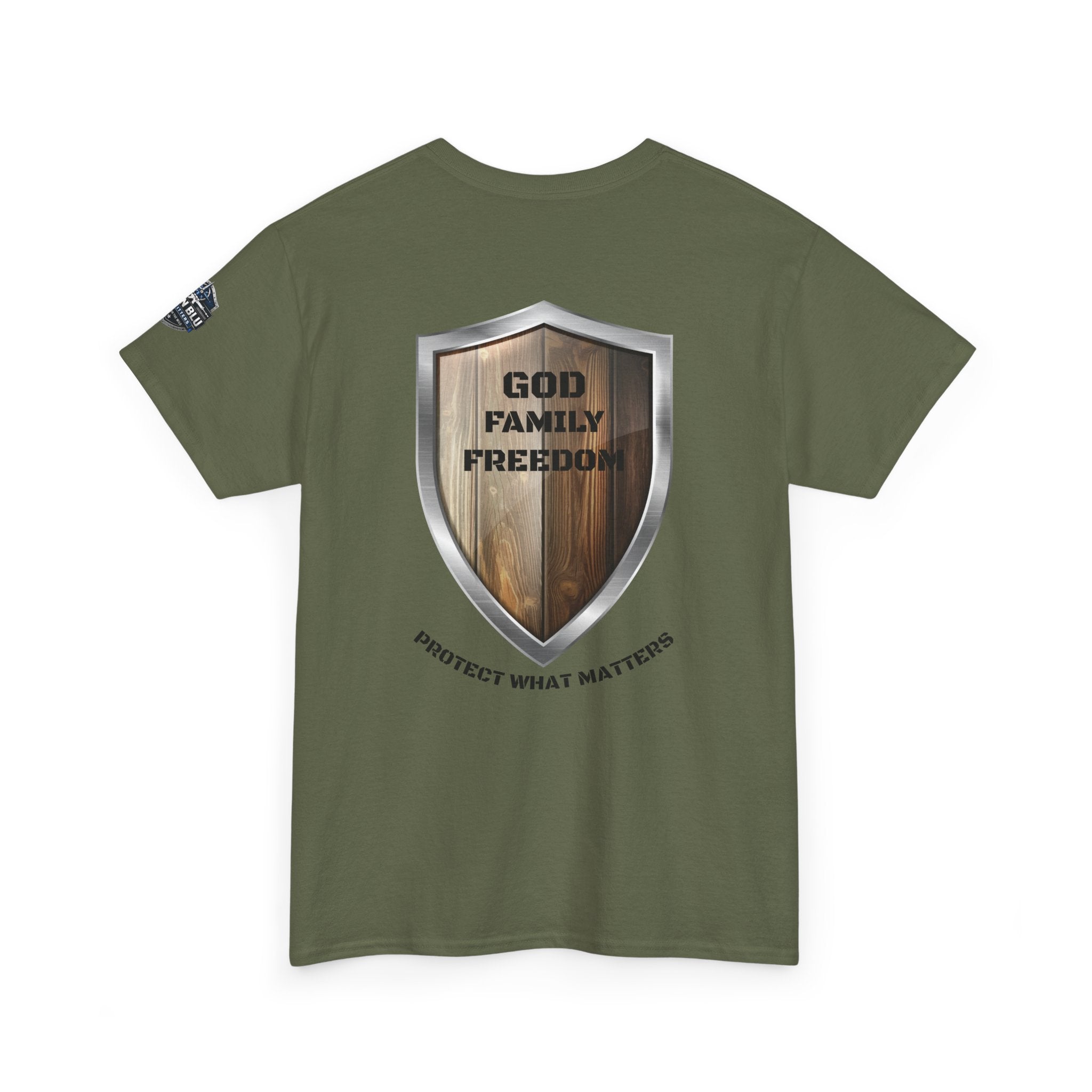 God Family Freedom Shield T‑Shirt — "Protect What Matters" Patriotic Tee