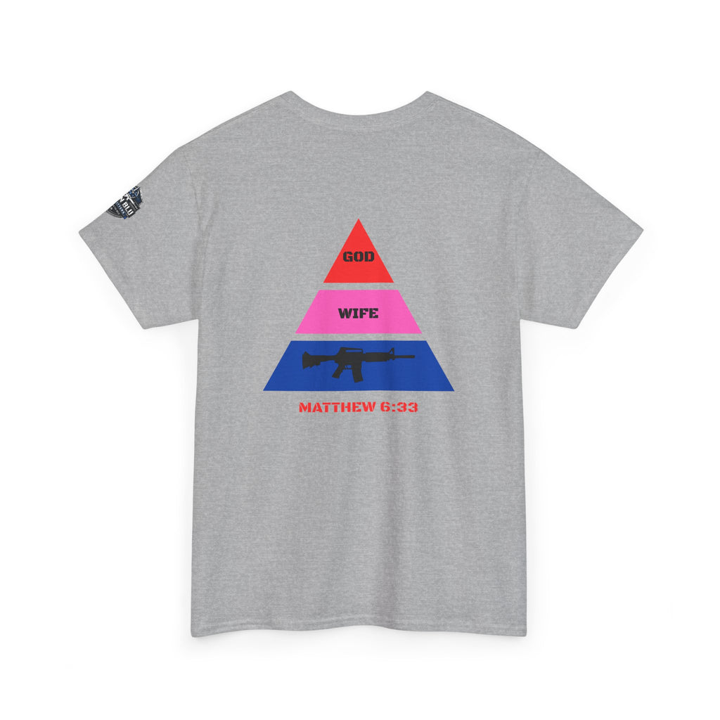 Matthew 6:33 Pyramid Tee — God, Wife, Gun Graphic T-Shirt