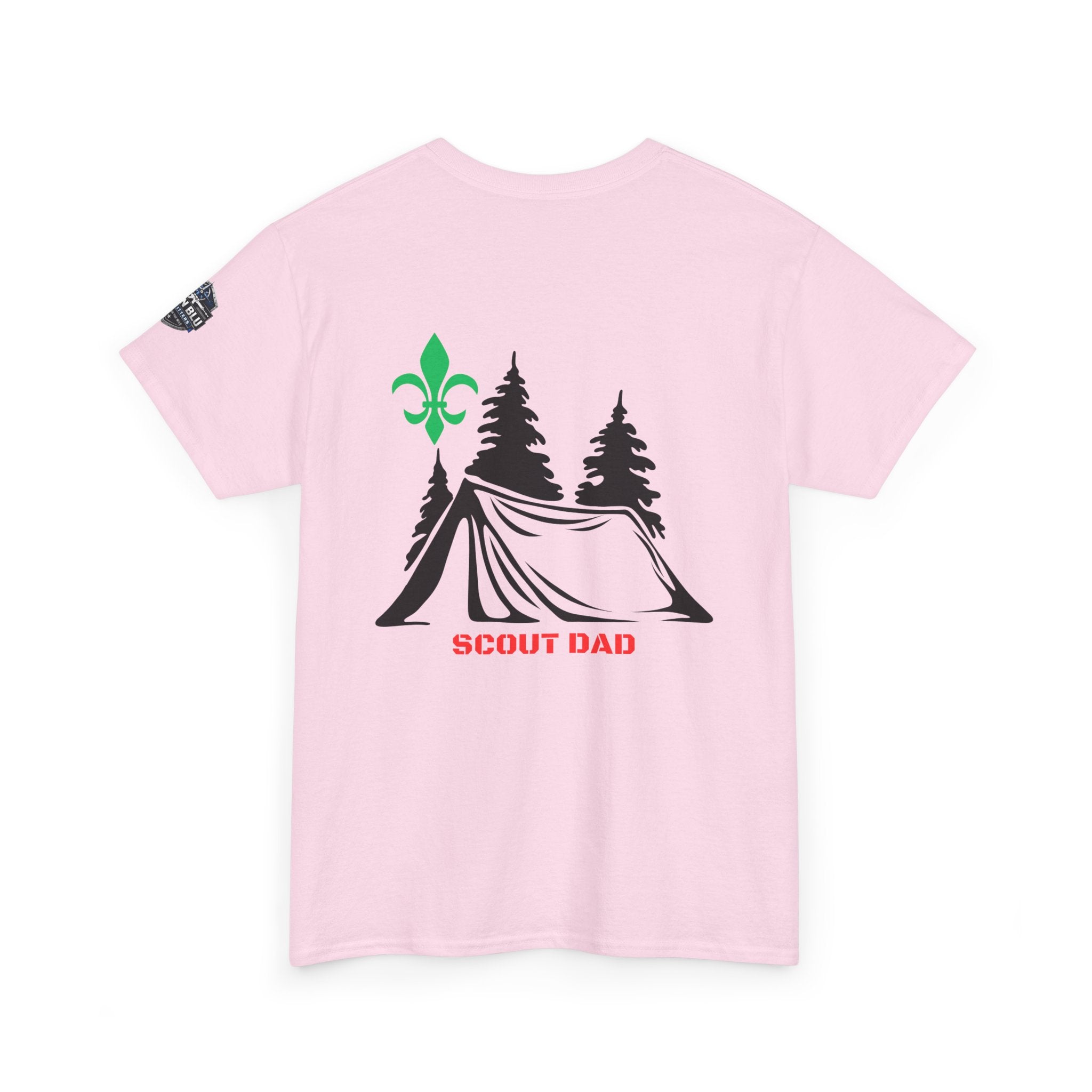 Scout Dad Camping T‑Shirt — Tent, Pine Trees & Fleur‑de‑Lis Outdoor Tee