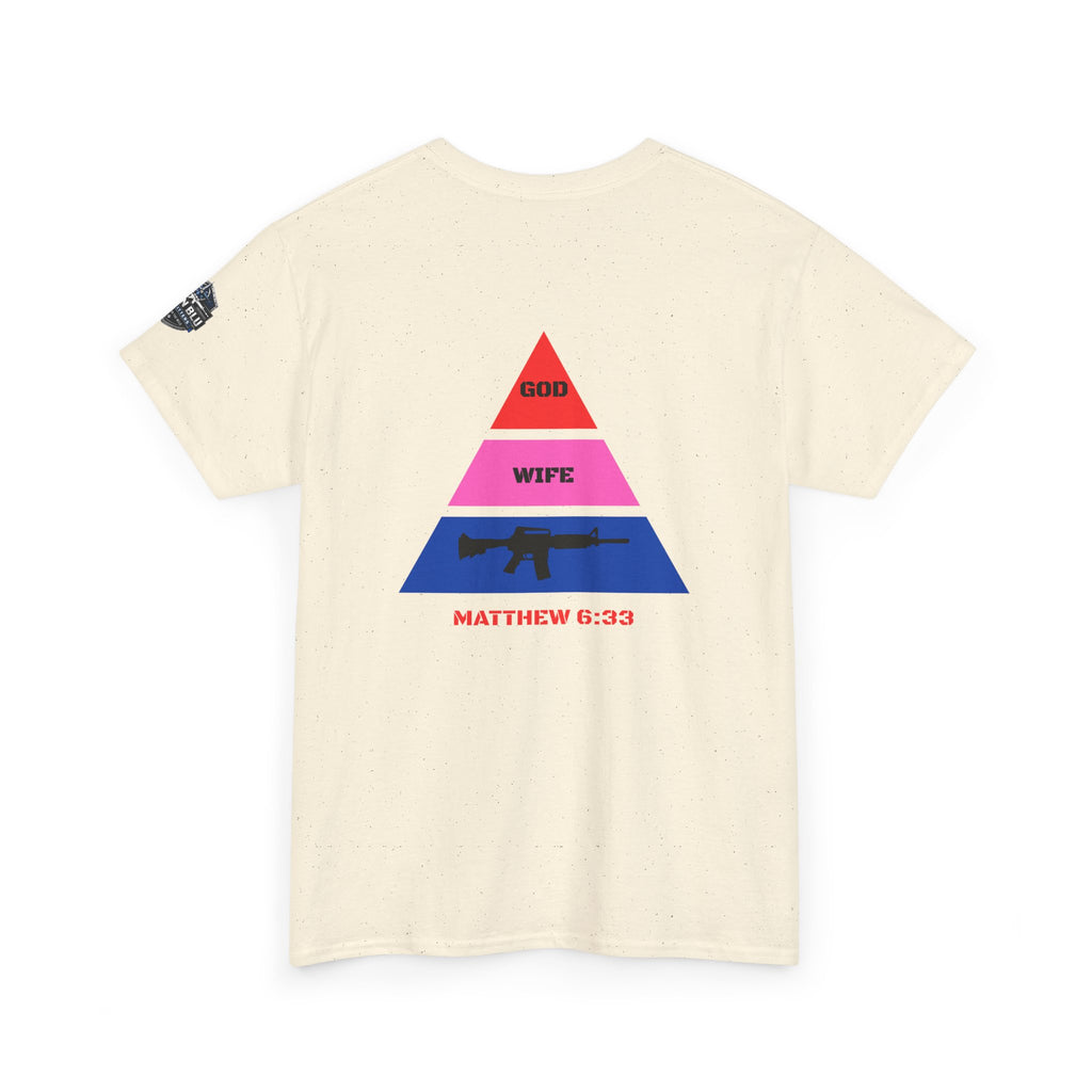 Matthew 6:33 Pyramid Tee — God, Wife, Gun Graphic T-Shirt